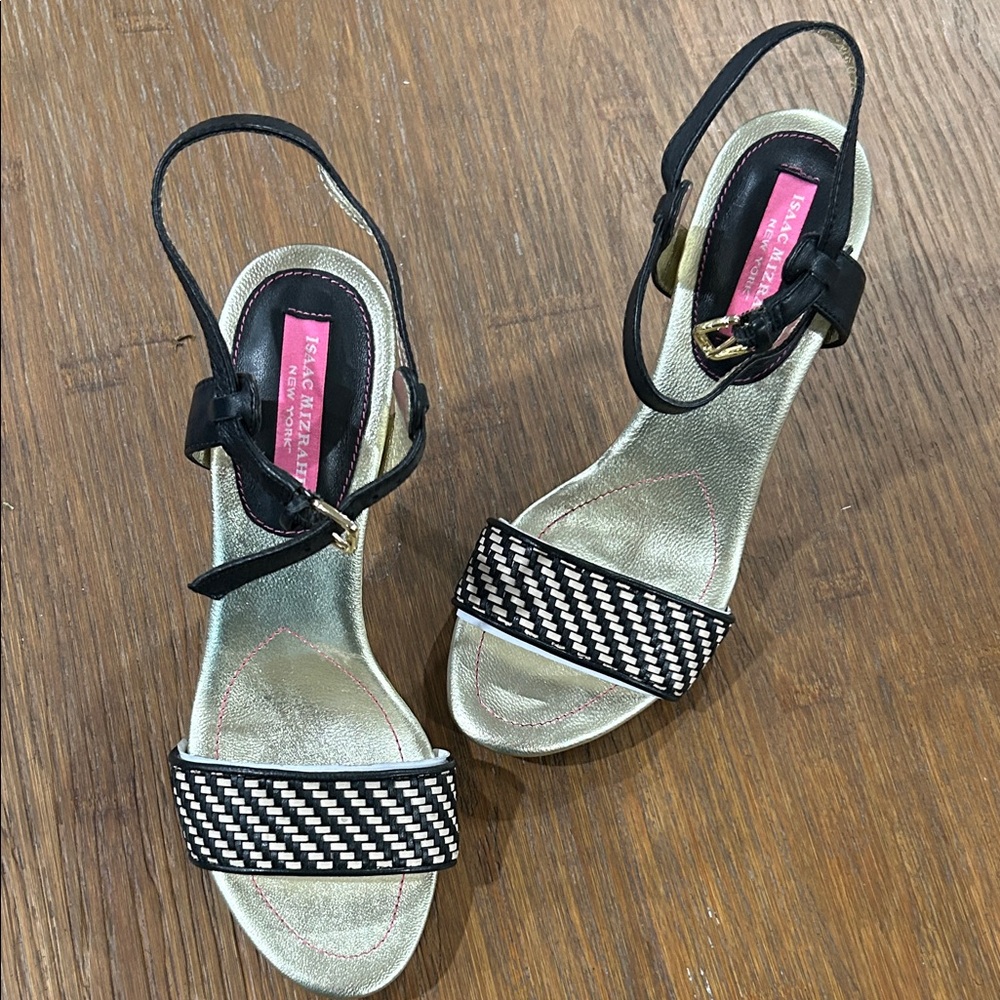 Isaac Mizrahi Black and Gold Woven Front-Strap Slingback Sandals